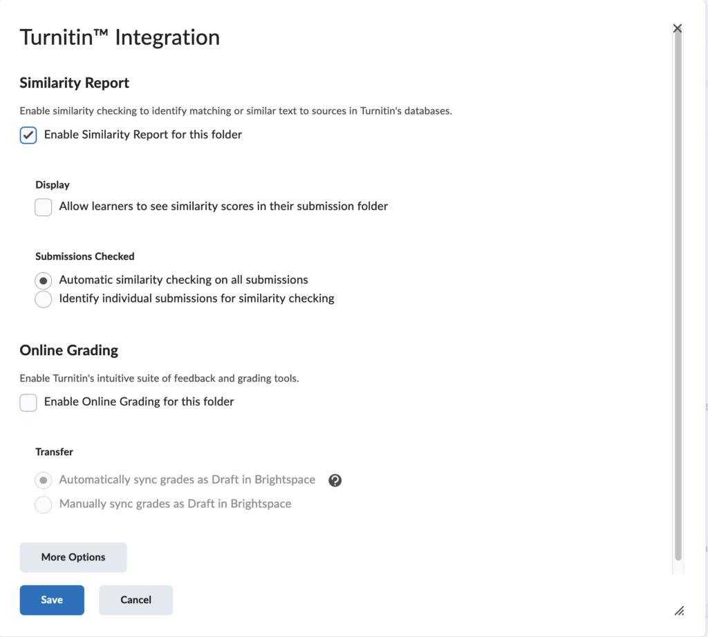 Screenshot of Turnitin Integration settings, with "Enable Similarity Report for this folder" selected.